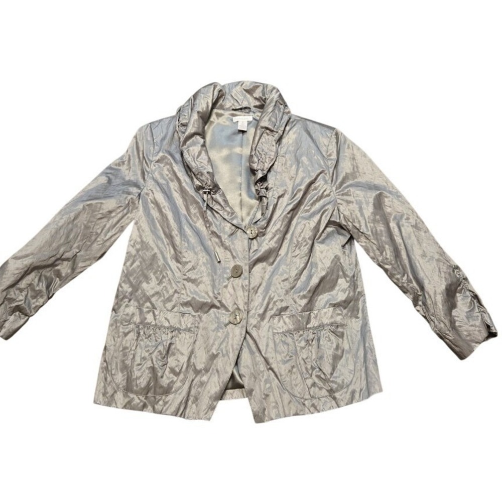 Chicos Metallic Button Front Blazer Ruffle Collar Jacket Size 1 Small